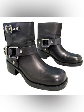 Ash Black Leather Texas Square Biker Boots Size 38 US 8 NEW